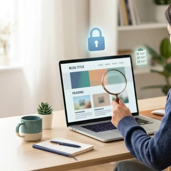 A person reviewing a blog website on a laptop with a magnifying glass, representing a brumeblog com review.