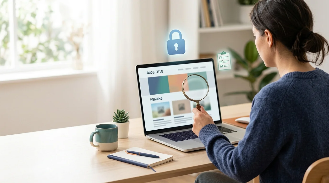 A person reviewing a blog website on a laptop with a magnifying glass, representing a brumeblog com review.