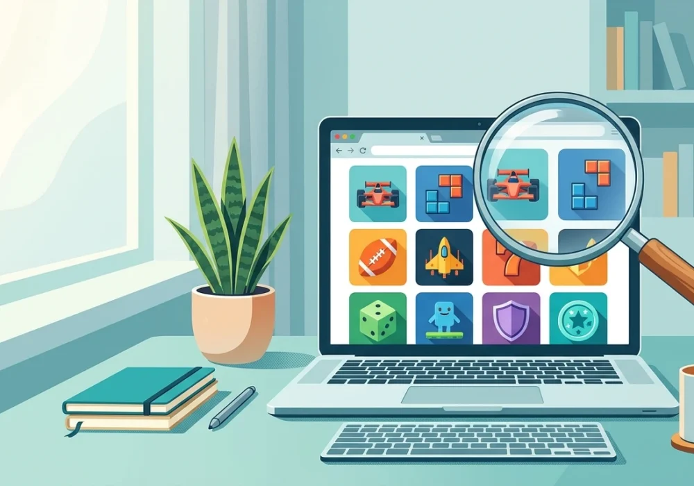 Magnifying glass over a laptop screen showing a grid of browser game tiles, representing a closer look at Classroom 15x