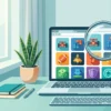 Magnifying glass over a laptop screen showing a grid of browser game tiles, representing a closer look at Classroom 15x