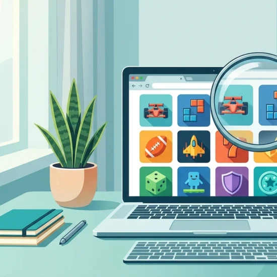 Magnifying glass over a laptop screen showing a grid of browser game tiles, representing a closer look at Classroom 15x