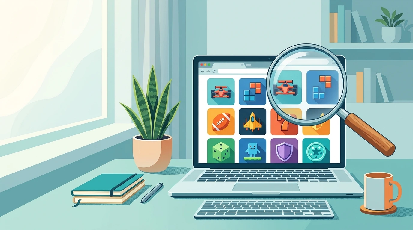 Magnifying glass over a laptop screen showing a grid of browser game tiles, representing a closer look at Classroom 15x
