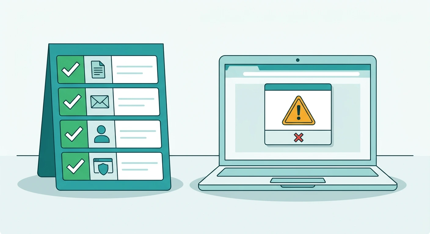 Checklist with ticks for privacy policy, contact details, owner information and browser protection, beside a laptop showing a warning pop-up