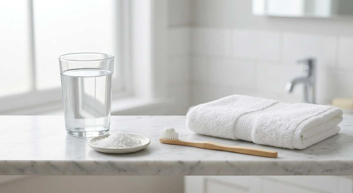Glass of warm salt water beside a soft toothbrush, used for gentle mouth care after tooth extraction