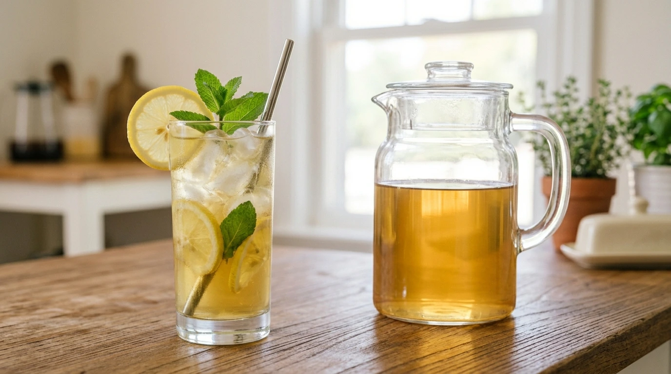 A tall glass of homemade iced tea with lemon slices, mint and ice cubes beside a jug of brewed tea