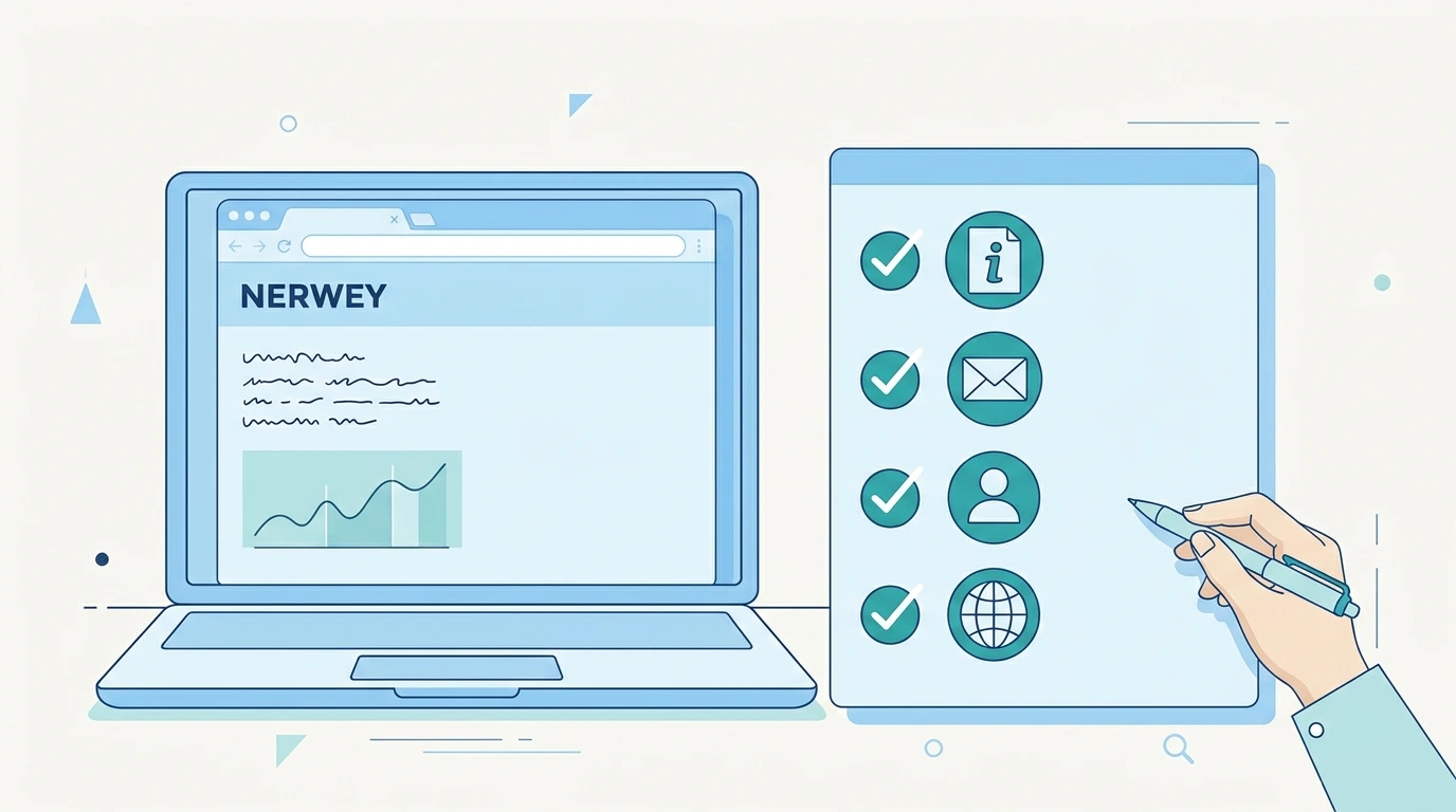 Checklist beside a laptop with ticks next to an About page, contact details, author names and domain records