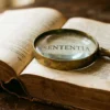 Close-up of a Latin dictionary page with a magnifying glass resting over the word infidelibus