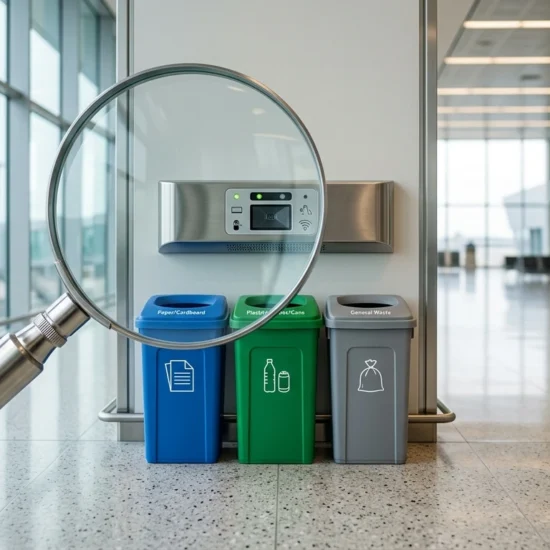 Smart recycling bins with a magnifying glass over the sorting sensors, illustrating a fact check of matarecycler claims
