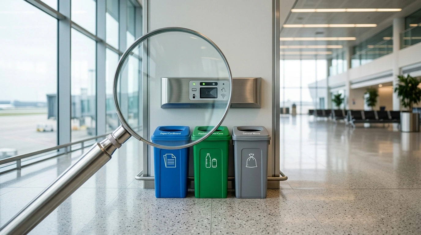 Smart recycling bins with a magnifying glass over the sorting sensors, illustrating a fact check of matarecycler claims