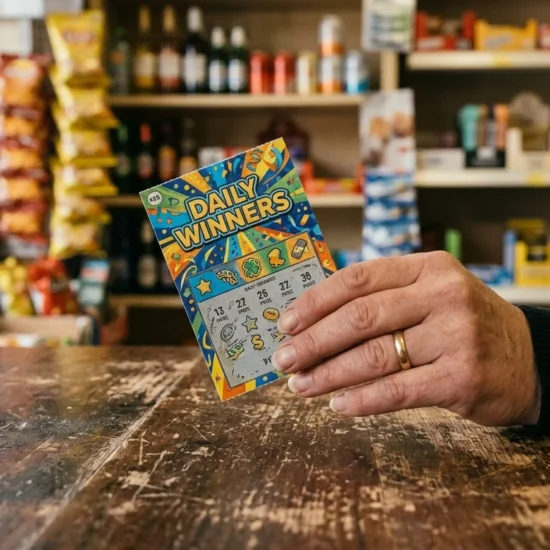Hand holding a scratch-off lottery ticket at a shop counter, illustrating a Michigan man's $1 million lottery win