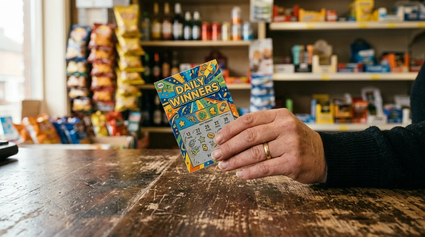 Hand holding a scratch-off lottery ticket at a shop counter, illustrating a Michigan man's $1 million lottery win