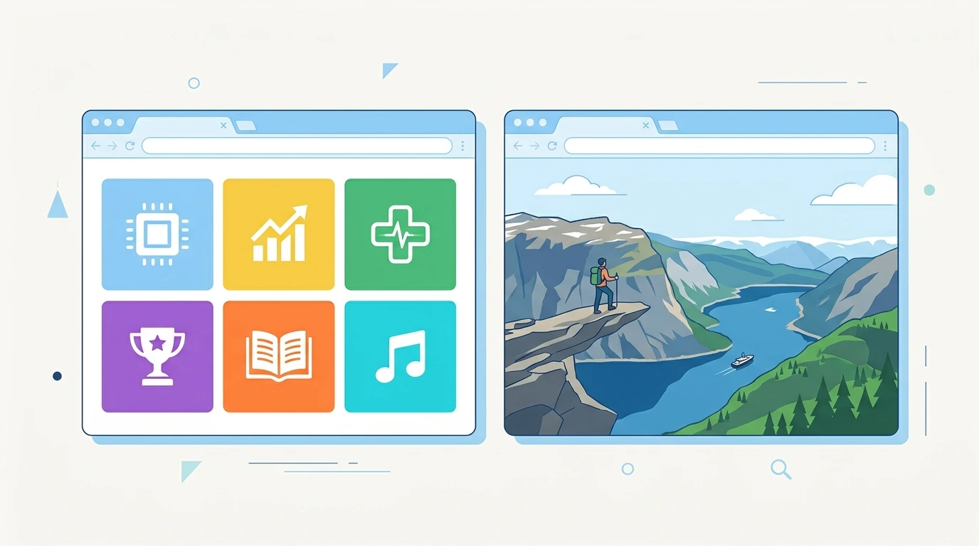 Two browser windows side by side, one with varied topic tiles and one showing a mountain and fjord landscape