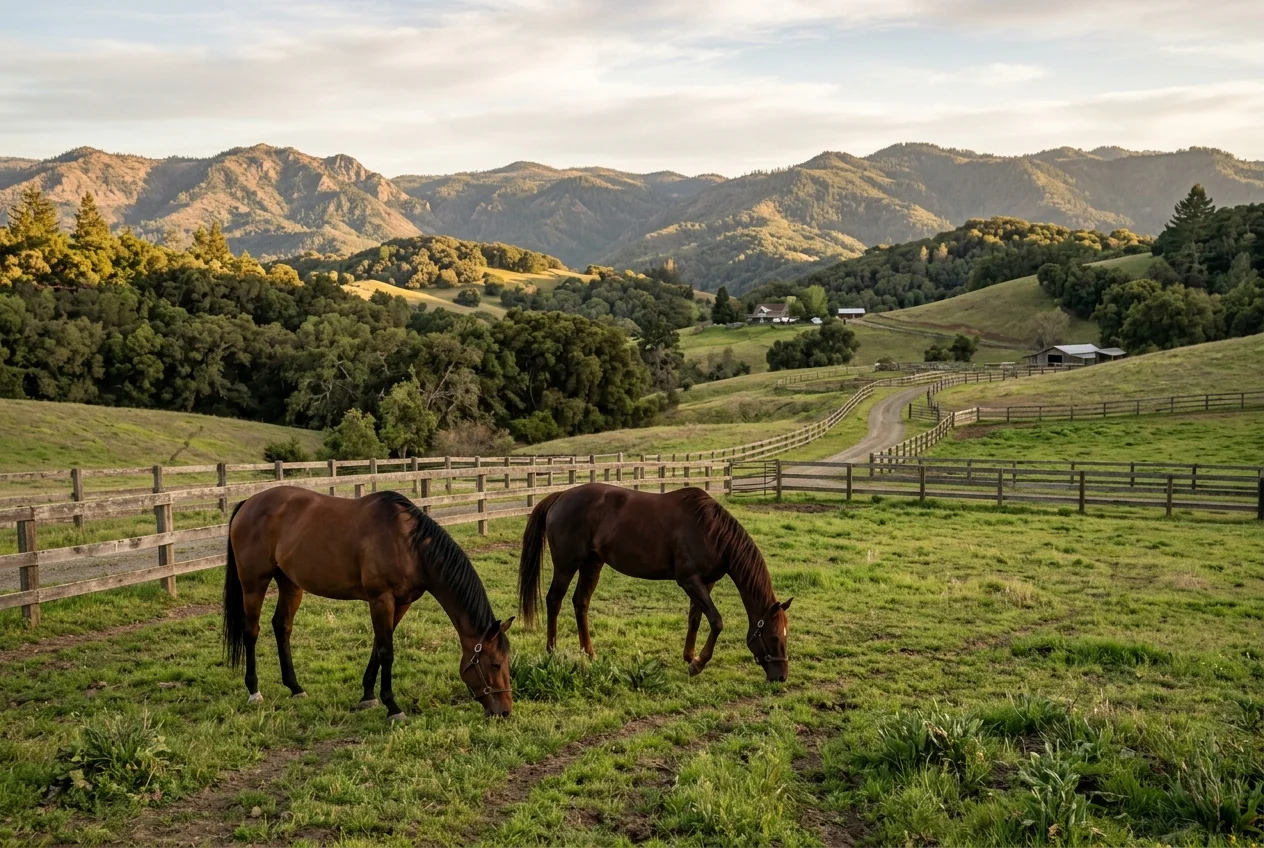 Sport horses grazing in a paddock on a ranch in rural Northern California
