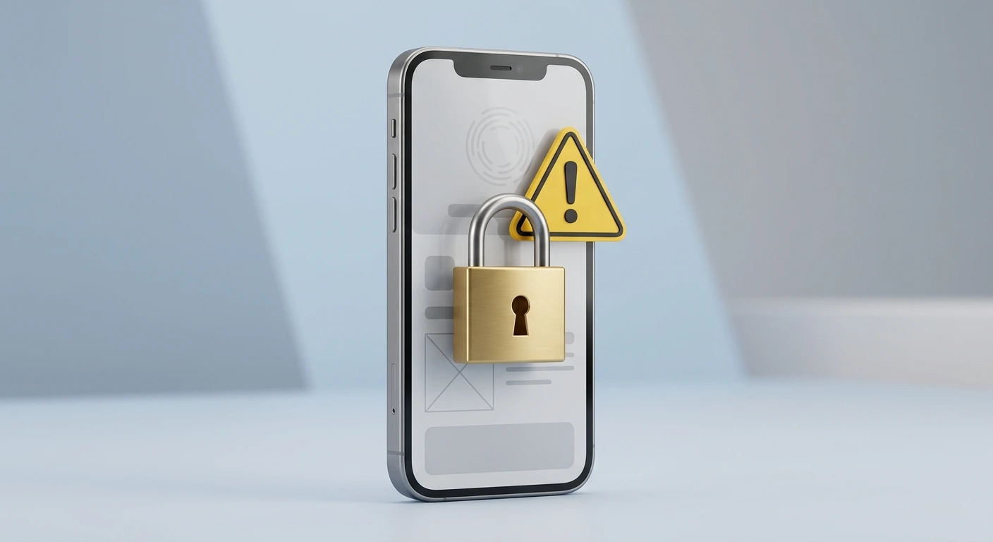 Smartphone screen with a padlock and a warning triangle, representing caution around offers to hack a phone