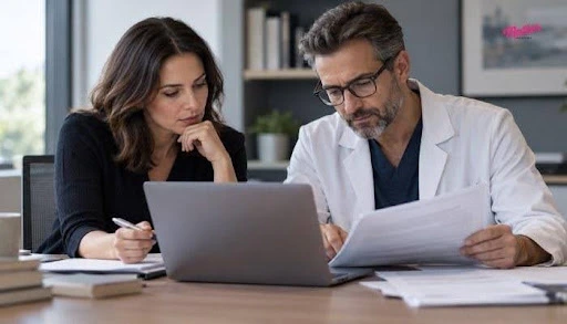 Woman and doctor reviewing printed reports and a laptop together