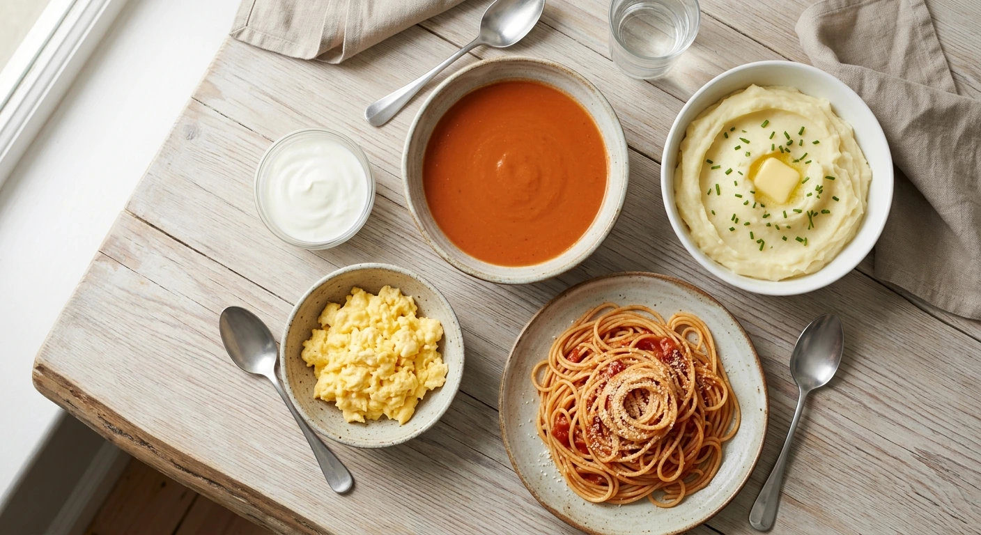 Bowl of soup, mashed potato, scrambled eggs and yoghurt, soft foods to eat after tooth extraction