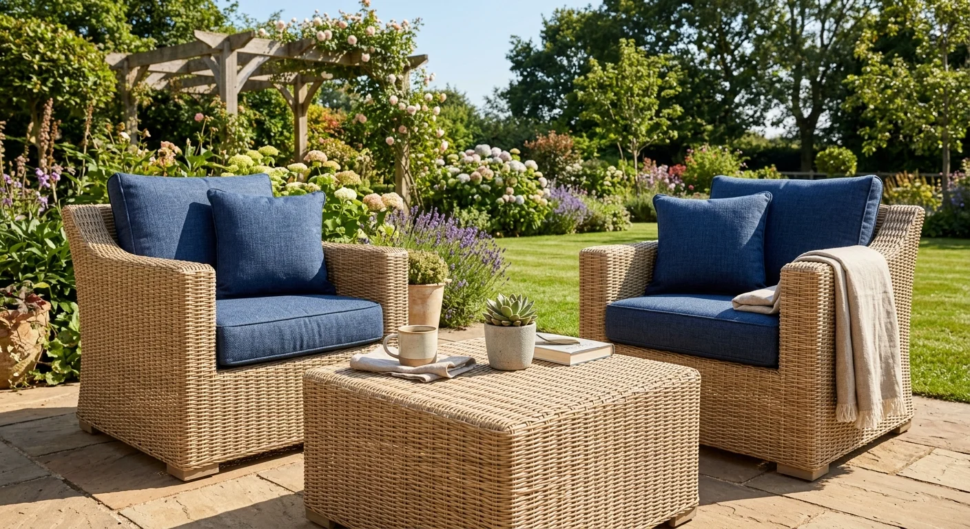Synthetic rattan chairs arranged on an outdoor garden patio