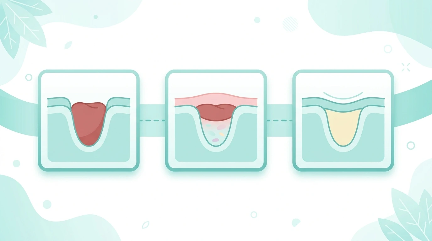 Simple diagram showing a tooth socket moving from blood clot to new gum tissue to rebuilt bone