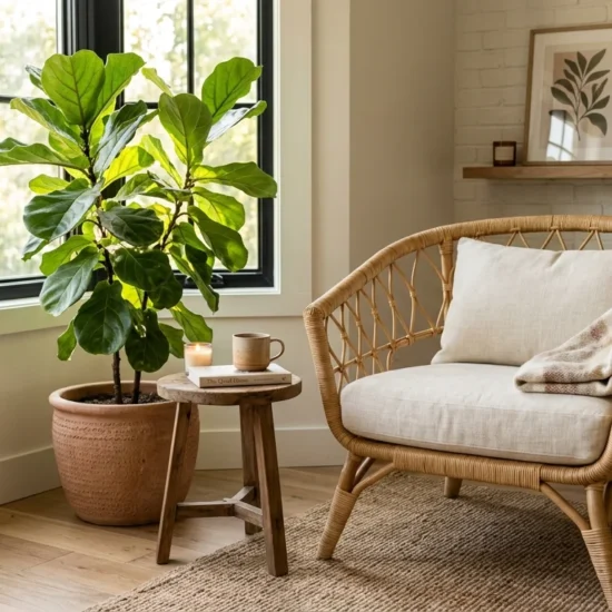 Natural rattan armchair in a bright modern living room