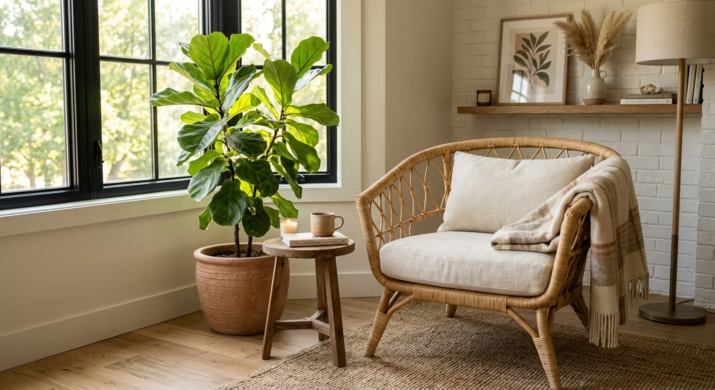 Natural rattan armchair in a bright modern living room